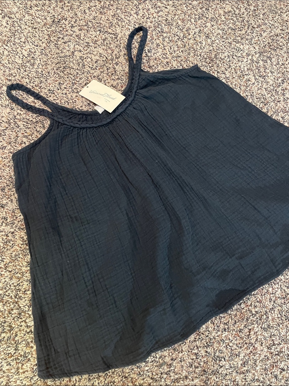 Universal Thread Black Braided-Strap Cotton Oversized Flowy Tank XS NWT
